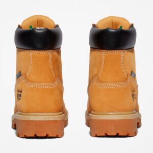 A look at the heels of a pair of Timberland Direct Attach steel toe waterproof insulated women's 6-inch work boots in wheat with a blank background.
