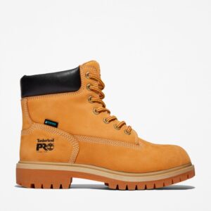 Right profile facing Timberland Direct Attach steel toe waterproof insulated women's 6-inch work boot in wheat with blank background.