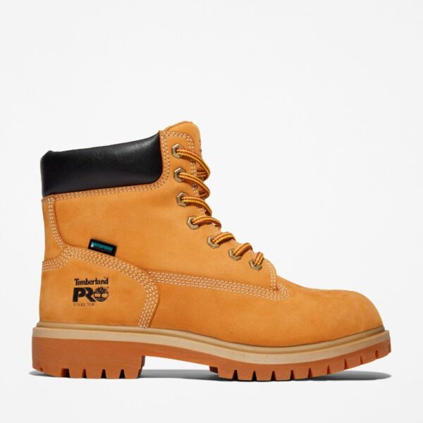 Right profile facing Timberland Direct Attach steel toe waterproof insulated women's 6-inch work boot in wheat with blank background.