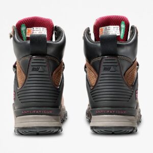 A look at the heels of a pair of Timberland Hypercharge composite toe waterproof women's 6-inch work boots in brown with a blank background.