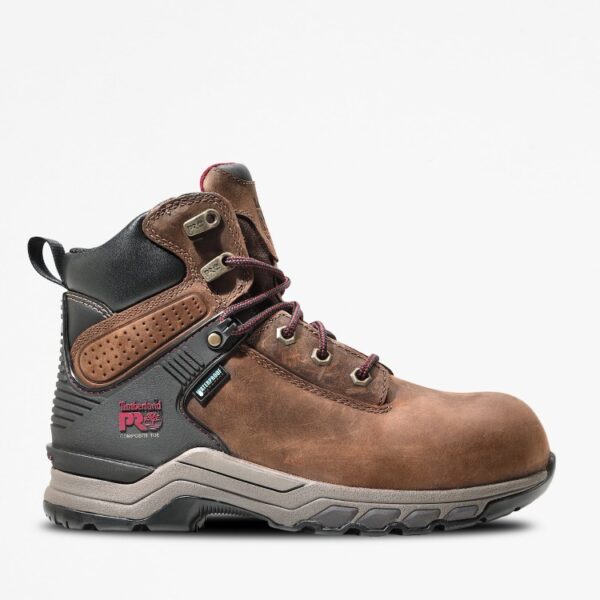 Right profile facing Timberland Hypercharge composite toe waterproof women's 6-inch work boot in brown with blank background.