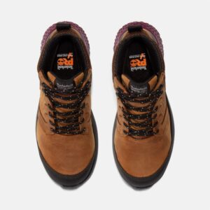 Overhead shot of a pair of Timberland Reaxion composite toe waterproof women's work sneakers in tan and purple with a blank background.