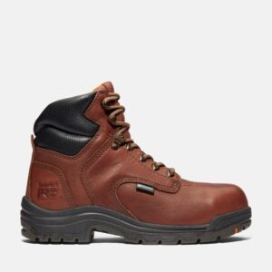 Right profile facing Timberland TiTAN waterproof alloy toe 6-inch women's work boot in brown with a blank background.
