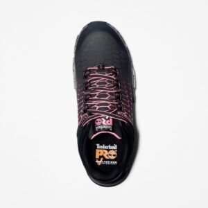 Overhead shot of the right shoe of a Timberland PRO Powertrain Sport alloy toe women's work sneakers in black and pink with a blank background.