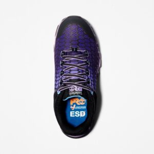 Overhead shot of the right shoe of a Timberland PRO Powertrain Sport alloy toe women's work sneakers in purple and black with a blank background.