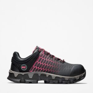 Right profile facing Timberland PRO Powertrain Sport alloy toe women's work sneakers in black and pink with blank background.