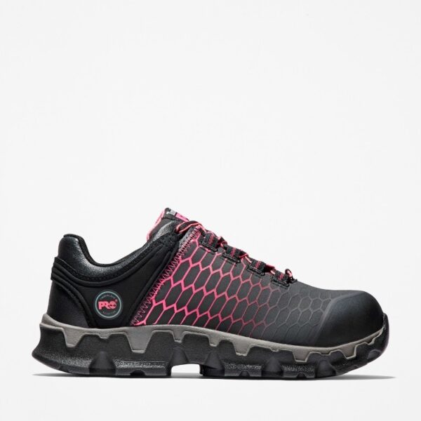 Right profile facing Timberland PRO Powertrain Sport alloy toe women's work sneakers in black and pink with blank background.