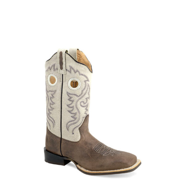 A 3/4 turned Old West Cream and Chocolate Broad Square Toe Women's Western Boot.