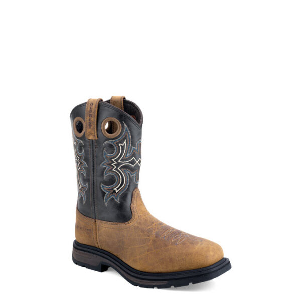 A 3/4 turned Old West Light Brown and Dark Blue Square Toe Men's Pull-On Work Boot.