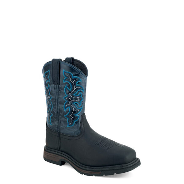 A 3/4 turned Old West Waxy Earth and Black Square Toe Men's Pull-On Work Boot.