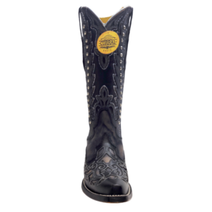 A front forward facing Corral Embroidered Studded Black Leather Pointed Toe Cowgirl Boot.