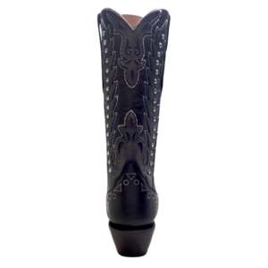 A rear angle shot Corral Embroidered Studded Black Leather Pointed Toe Cowgirl Boot.
