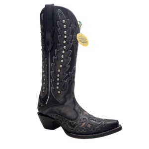 A 3/4 turned Corral Embroidered Studded Black Leather Pointed Toe Cowgirl Boot.