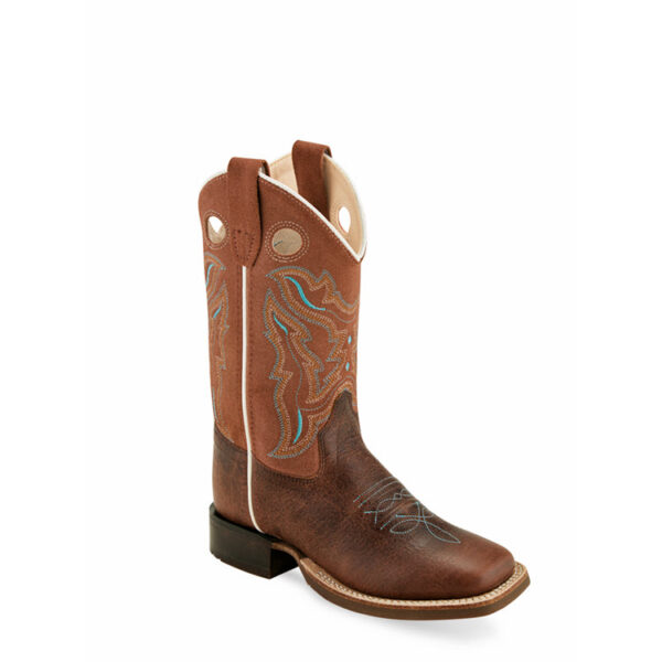 A 3/4 turned Old West Rugby Brown and Rust Broad Square Toe Children's Western Boot