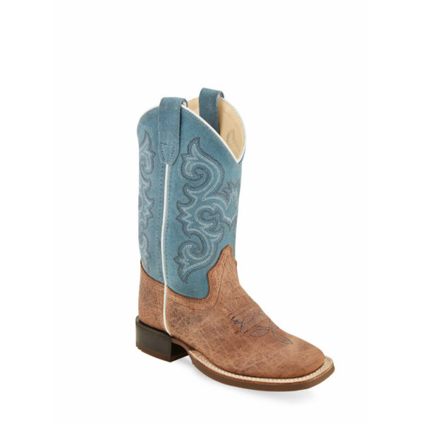 A 3/4 turned Old West Brown Bullhide and Sky Blue Broad Square Toe Children's Western Boot