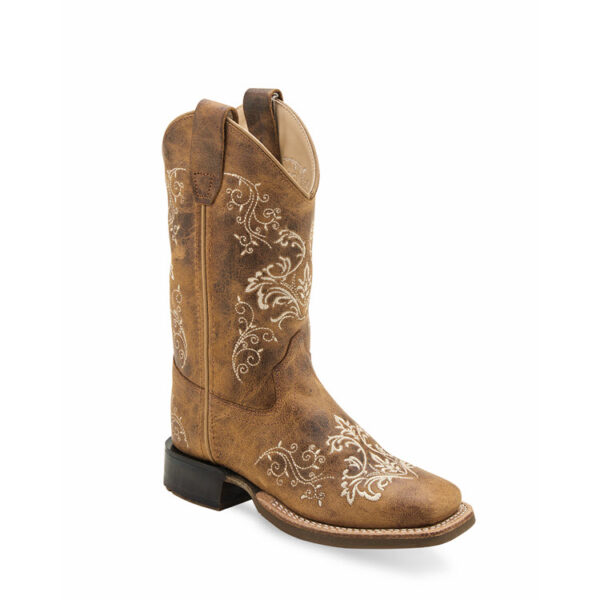 A 3/4 turned Old West Burnt Burnt Tan Broad Square Toe Children's Western Boot