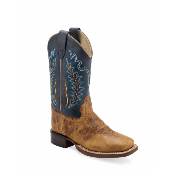 A 3/4 turned Old West Burnt Brown and Cactus Navy Children's Western Boot