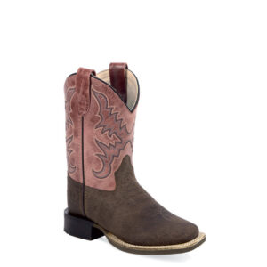 A 3/4 turned Old West Chocolate and Mauve Children's Western Boot