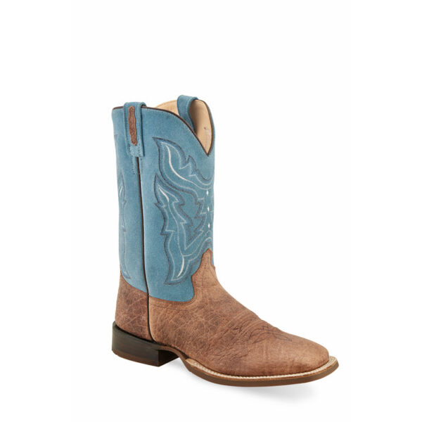 A 3/4 turned Old West Bullhide Brown and Sky Blue Children's Western Boot