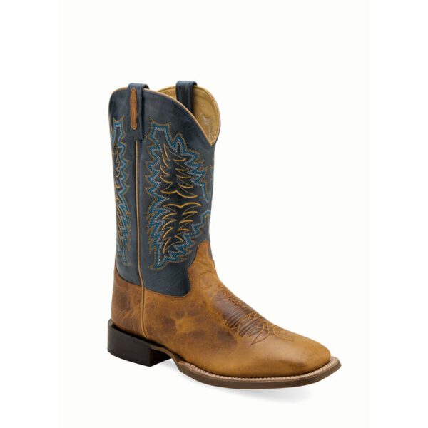 A 3/4 turned Old West Burnt Brown and Cactus Navy Broad Square Toe Men's Western Boot.
