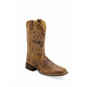 A 3/4 turned Old West Burnt Tan Broad Square Toe Men's Western Boot.