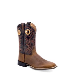 A 3/4 turned Old West Horse Tan and Black Broad Square Toe Men's Western Boot.