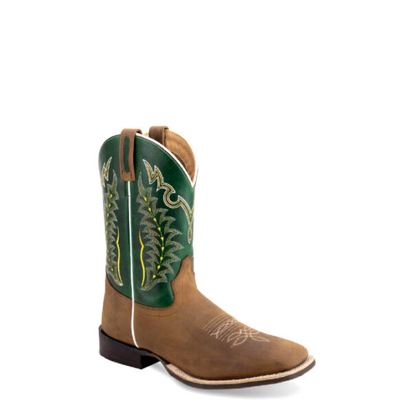 A 3/4 turned Old West Brown and Green Broad Square Toe Men's Western Boot.