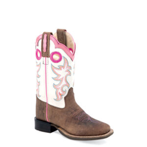 A 3/4 turned Old West Brown Bullhide and White with Pink Square Toe Youth Western Boot.