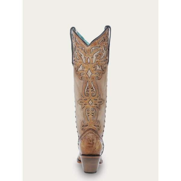 A rear angle shot Corral Honey Overlay and Bone Snip Toe Women's Western Boot.