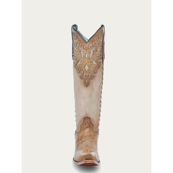 A front forward facing Corral Honey Overlay and Bone Snip Toe Women's Western Boot.
