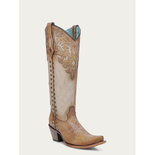 A 3/4 turned Corral Honey Overlay and Bone Snip Toe Women's Western Boot.
