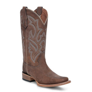 A 3/4 turned Corral Circle G Embroidery Chocolate Wide Square Toe Women's Western Boot.
