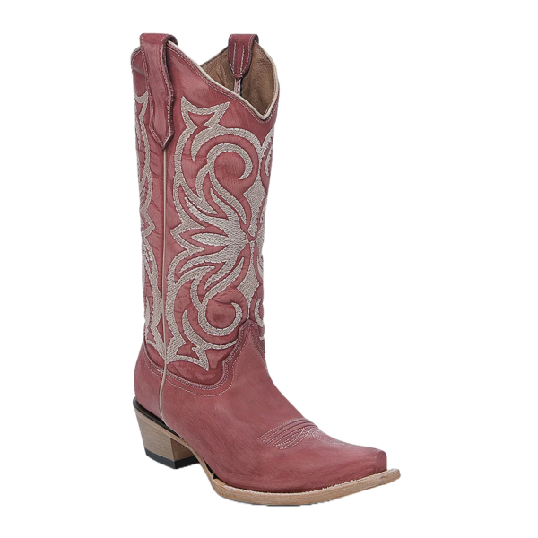A 3/4 turned Corral Circle G Embroidered Deep Red Snip Toe Women's Western Boot.