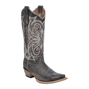 A 3/4 turned Corral Circle G Embroidered Distressed Brown Snip Toe Women's Western Boot.