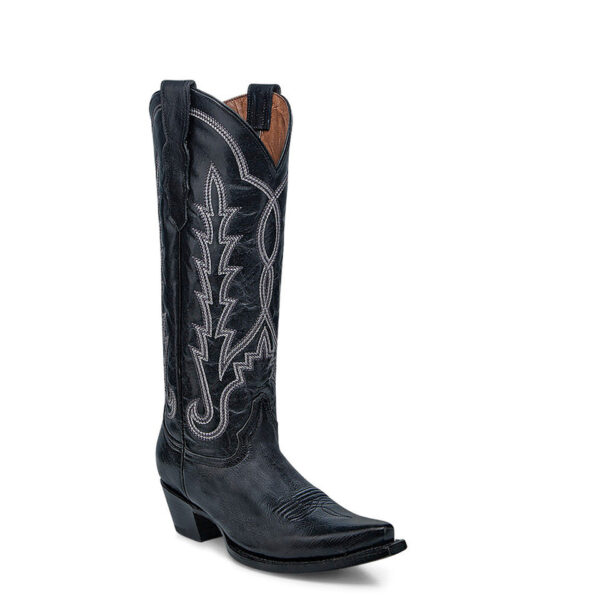 A 3/4 turned Corral Circle G Black Embroidery Snip Toe Cowgirl Boot.