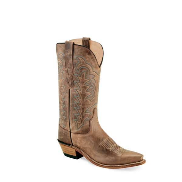 A 3/4 turned Old West Cactus Tan Snip Toe Women's Western Boot.