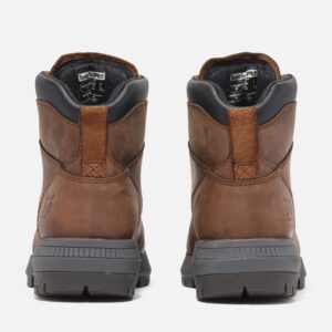 A look at the heels of a pair of Timberland Montauk soft toe 6-inch men's work boots in brown with a blank background.