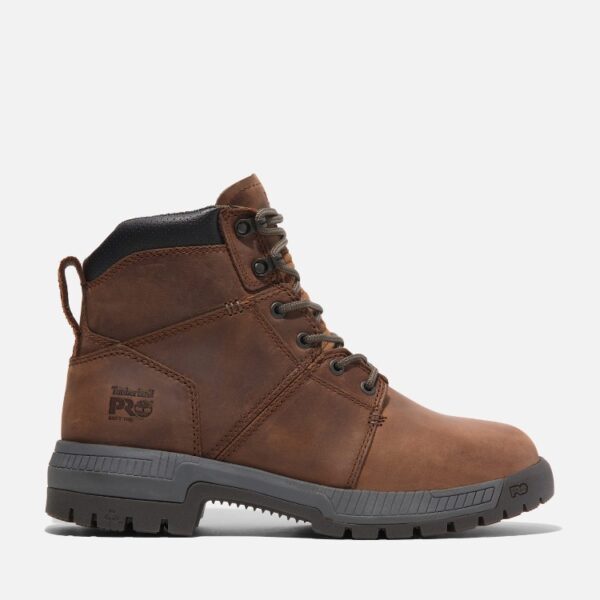 Right profile facing Timberland Montauk soft toe men's 6-inch work boot in brown with a blank background.