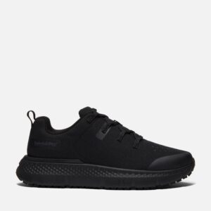 Right profile facing Timberland Power Shift soft toe slip-resistant men's hospitality work sneaker in black with a blank background.