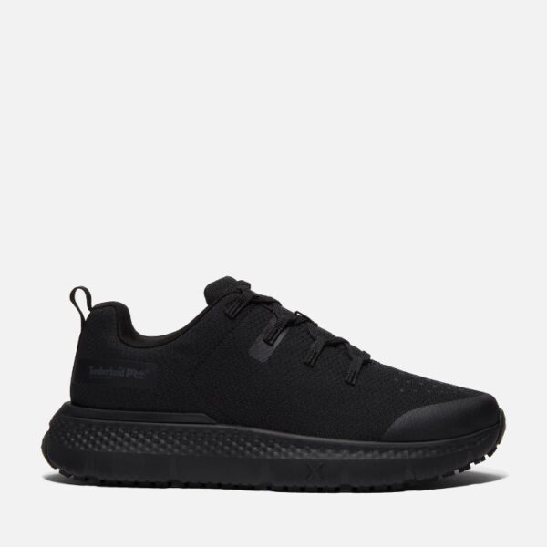 Right profile facing Timberland Power Shift soft toe slip-resistant men's hospitality work sneaker in black with a blank background.
