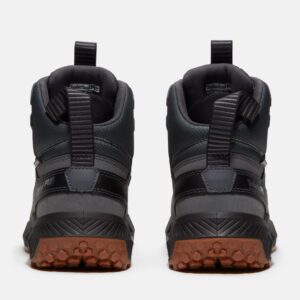 A look at the heels of a pair of Timberland Tempe alloy toe waterproof 6-inch men's work boots in gray with a blank background.