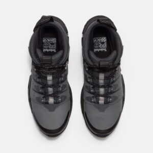 Overhead look at a pair of Timberland Tempe alloy toe waterproof 6-inch men's work boots in gray on a blank background.
