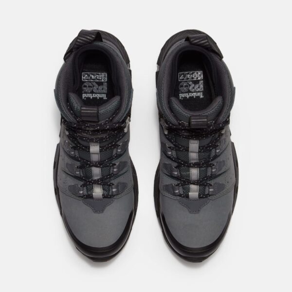 Overhead look at a pair of Timberland Tempe alloy toe waterproof 6-inch men's work boots in gray on a blank background.