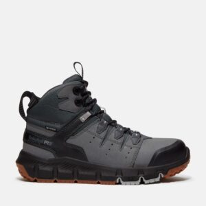 Right profile facing Timberland Tempe alloy toe waterproof men's 6-inch work boot in gray with a blank background.