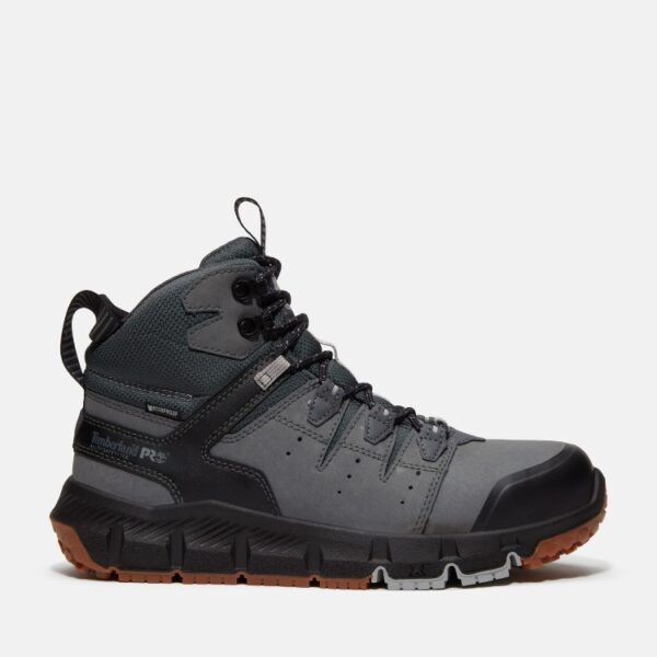 Right profile facing Timberland Tempe alloy toe waterproof men's 6-inch work boot in gray with a blank background.