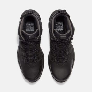 Overhead look at a pair of Timberland Tempe soft toe waterproof 6-inch men's work boots in black on a blank background.
