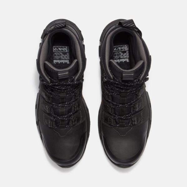 Overhead look at a pair of Timberland Tempe soft toe waterproof 6-inch men's work boots in black on a blank background.