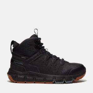 Right profile facing Timberland Tempe soft toe waterproof men's 6-inch work boot in black with a blank background.