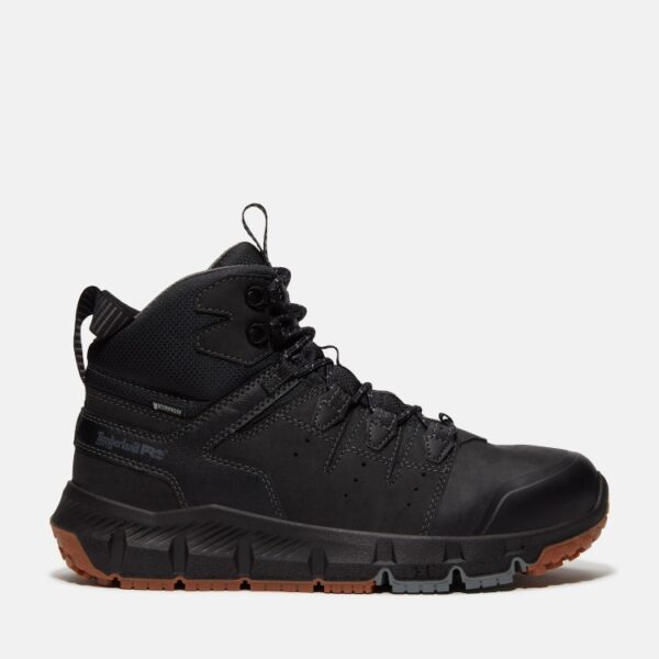 Right profile facing Timberland Tempe soft toe waterproof men's 6-inch work boot in black with a blank background.