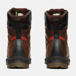 A look at the heels of a pair of Timberland TiTAN EV composite toe waterproof insulated 8-inch men's work boots in brown with a blank background.